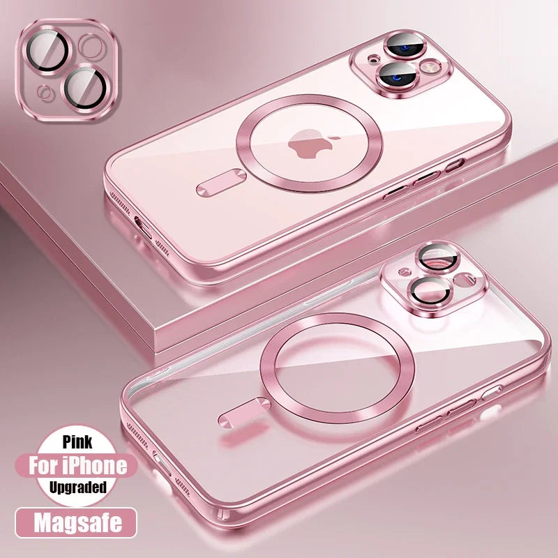 Clear Plating Ultrathin Silicone Case For iPhone 16 15 14 13 12 11 Pro Max 16 Plus Magsafe Magnetic Lens Film Protect Cover Pink