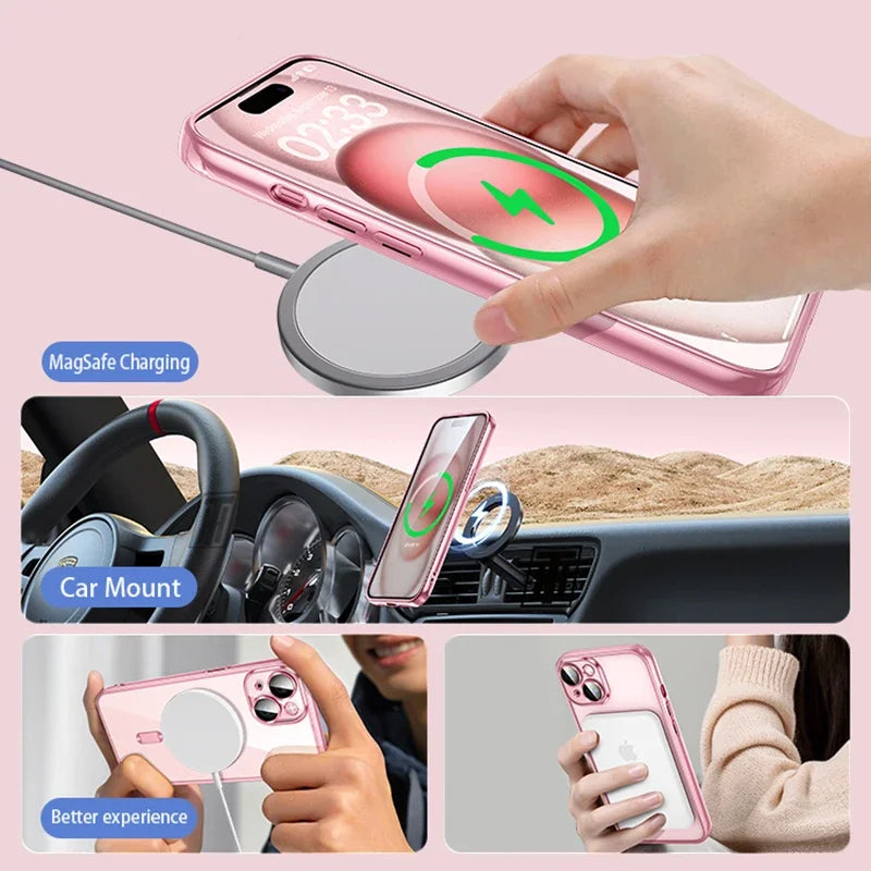 Clear Plating Ultrathin Silicone Case For iPhone 16 15 14 13 12 11 Pro Max 16 Plus Magsafe Magnetic Lens Film Protect Cover Pink