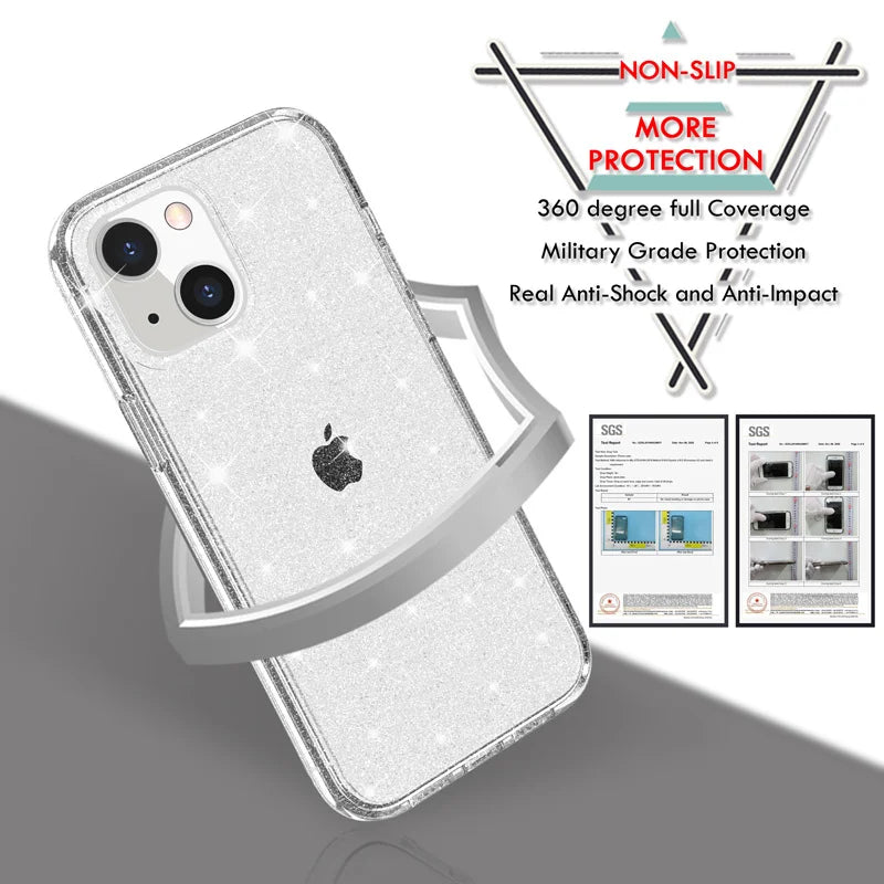 Super Hard 6FT Protection Transparent Glitter Case for iPhone 16 15 Pro Max 14 13 12 11 XR X 8 7 6 Plus SE2 Shiny Sparkle Funda