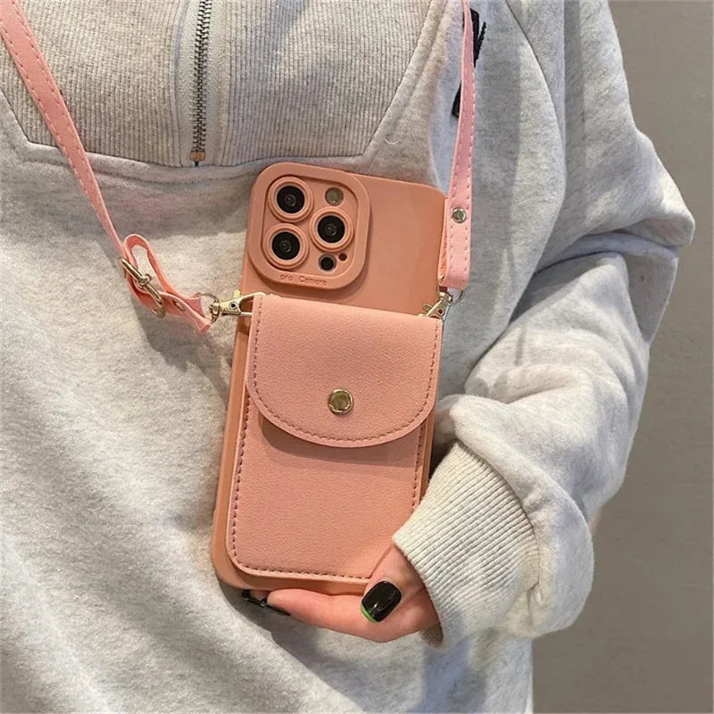 Luxury Wallet Leather Crossbody Neckband Lanyard Phone Case for iPhone 16 14 11 13 15 Pro Max Plus X XS XR SE2 Card Holder Cover