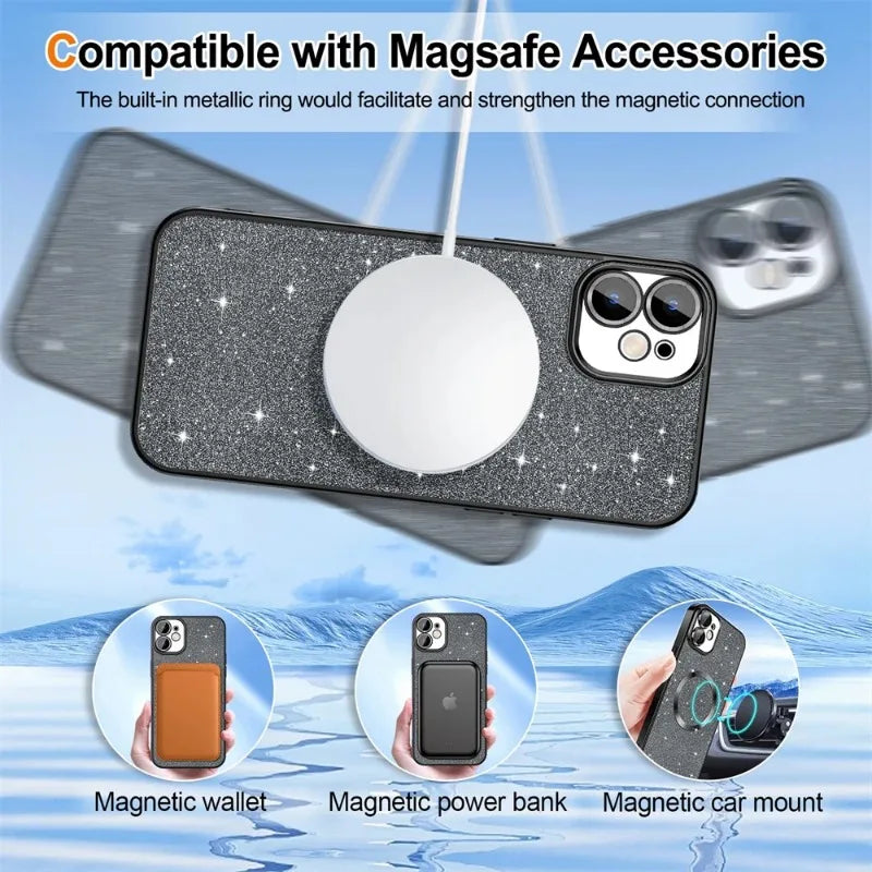 Electroplate With Lens Protector Case For iPhone 15 14 13 12 11 16 Pro Max Plus For Magsafe Wireless Charge Bumper Glitter Cover