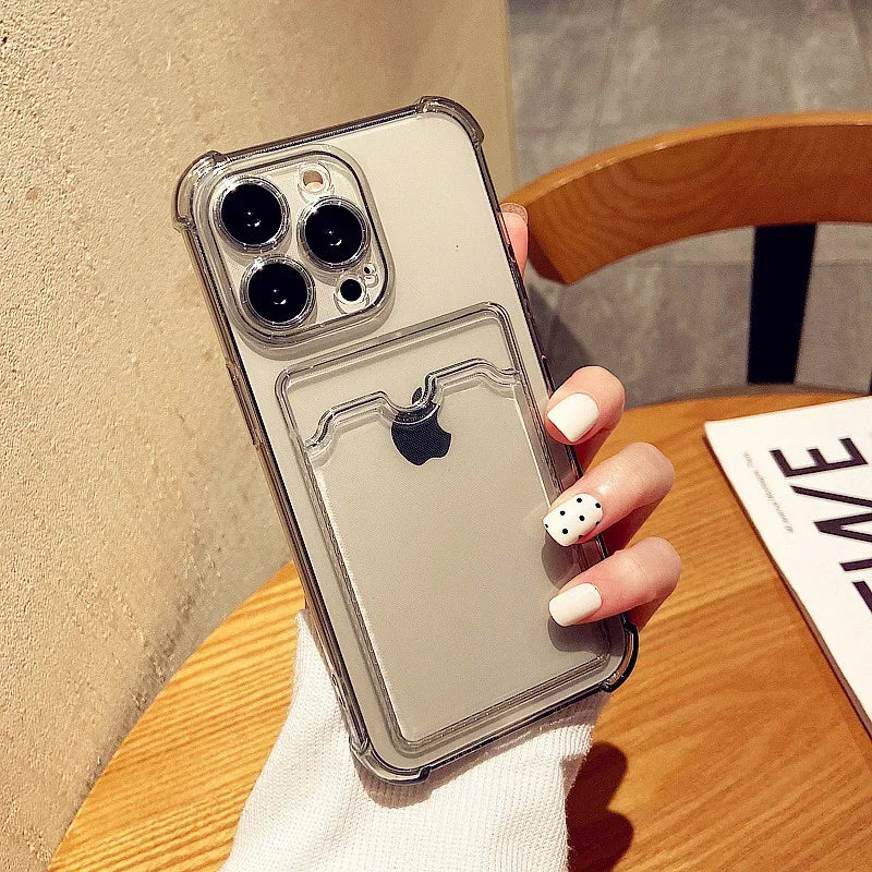 Transparent Card Slot Bag Holder Phone Case For iPhone 16 15 14 13 12 11 Pro Max Plus X XS Wallet Silicone Shockproof Back Cover