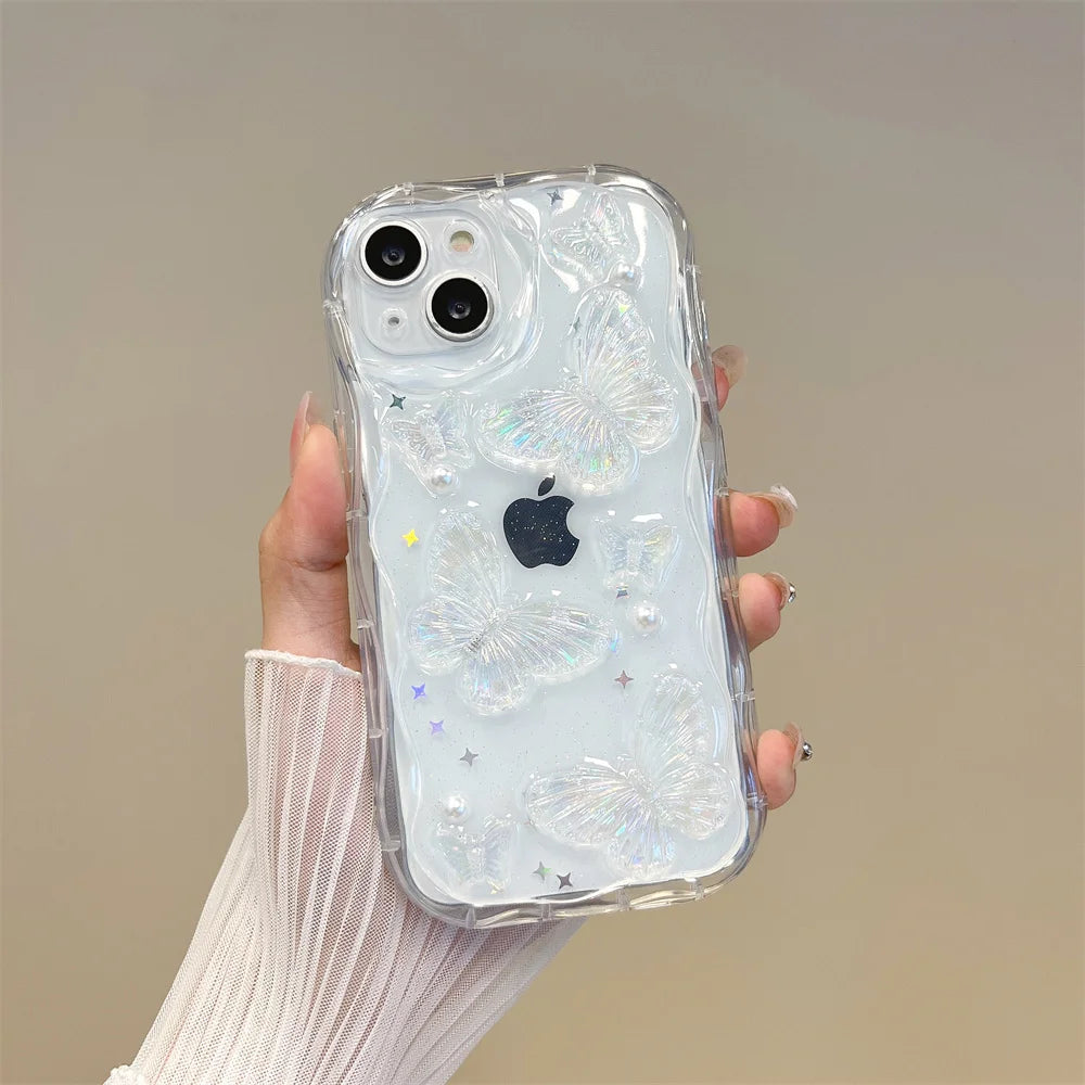 3D Butterfly Crystal Bling Glitter Clear Case For iPhone 15 14 Plus 13 12 11 16 Pro Max  XR XS Max Shining Star Pearl Wave Cover