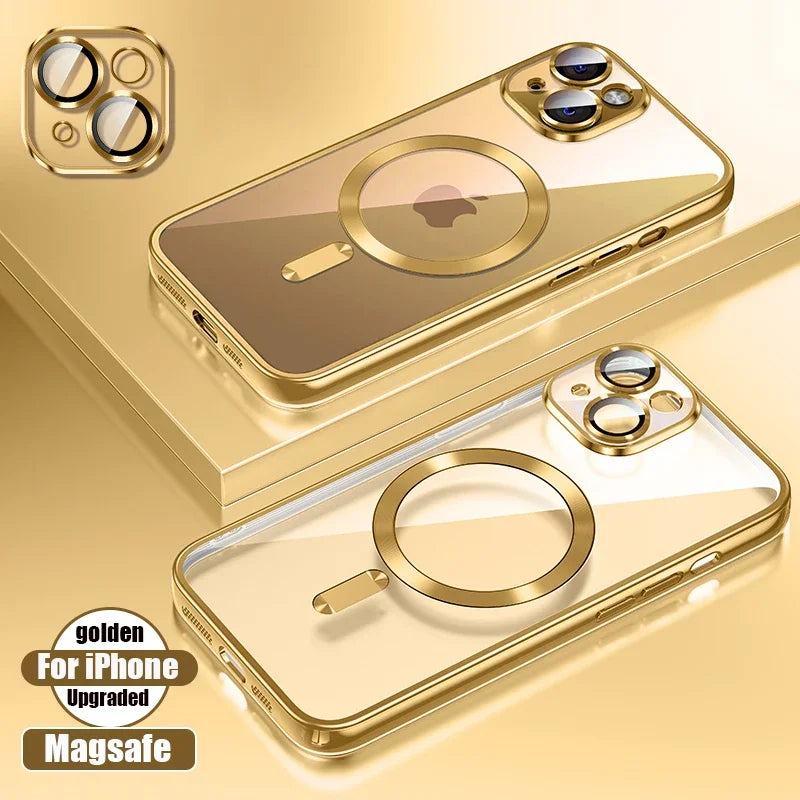 Clear Plating Ultrathin Silicone Case For iPhone 16 15 14 13 12 11 Pro Max 16 Plus Magsafe Magnetic Lens Film Protect Cover Pink