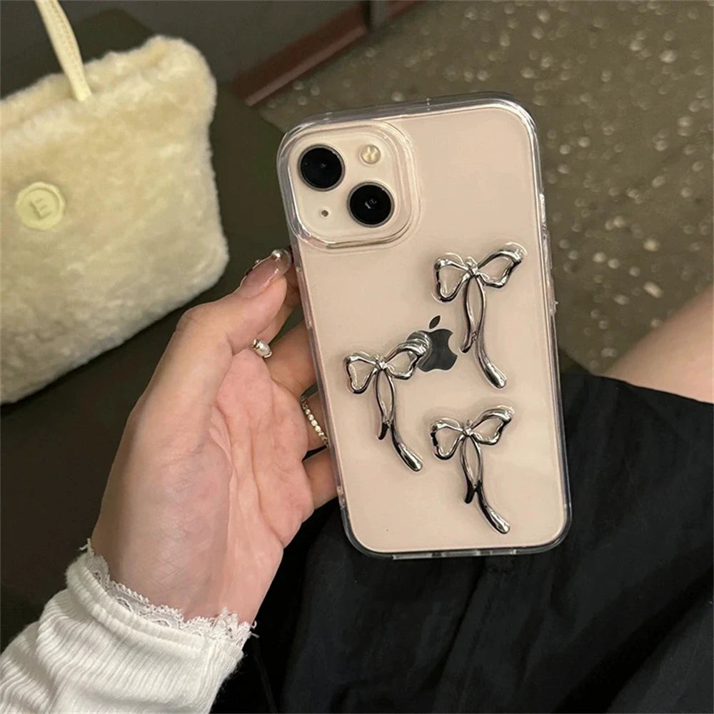 Aesthetics Stylish 3D Metal Bowknot Phone Case For iPhone 16 15 14 13 12 11 Pro Max Mini XR 7 8 Plus SE Clear Cover Epoxy Shell