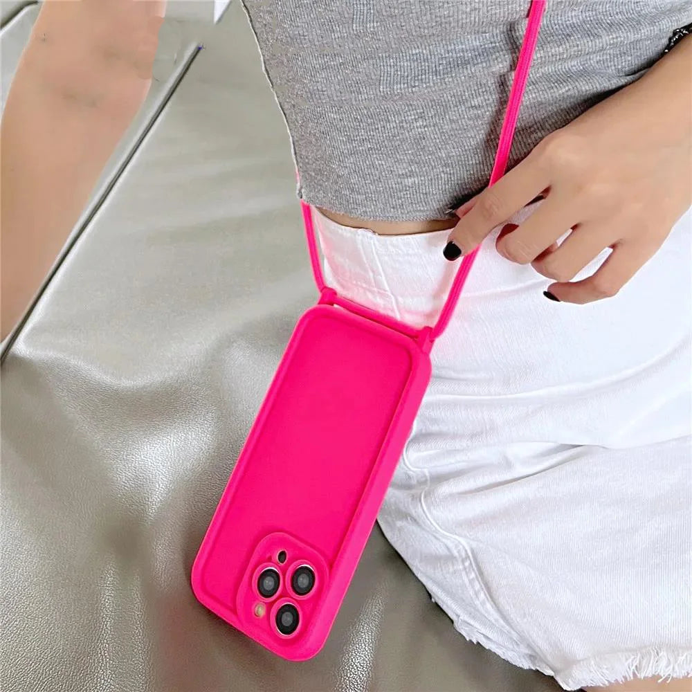 Crossbody Lanyard Liquid Silicone Case For iPhone 16 15 Pro Max 14 13 12 Necklace Strap Camera Protection Shockproof Soft Cover