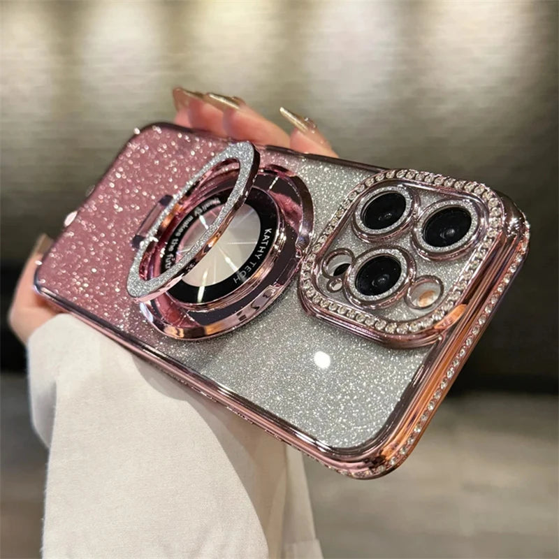 Luxury Plating For Magsafe Magnetic Stand Holder Glitter Diamond Case For iPhone 16 15 11 12 13 14 Pro Max Soft Silicone Cover