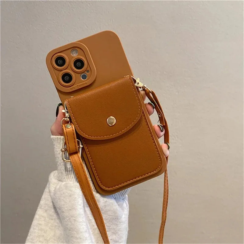 Luxury Wallet Leather Crossbody Neckband Lanyard Phone Case for iPhone 16 14 11 13 15 Pro Max Plus X XS XR SE2 Card Holder Cover