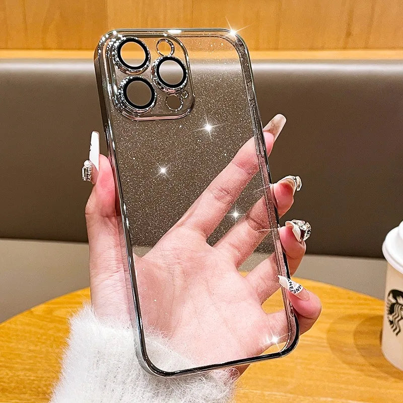 Luxury Transparent Bling Glitter Plating Phone Case For iPhone 16 15 14 Plus 13 12 Pro Max 15Pro Hard PC Shockproof Thin Cover