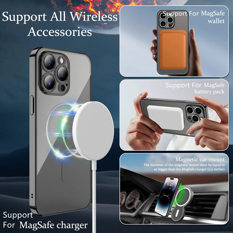 Lens Protector For Magsafe Wireless Charger Plating Clear Case For iPhone 16 15 14 13 12 11 Pro Max Soft Magnetic Silicone Cover