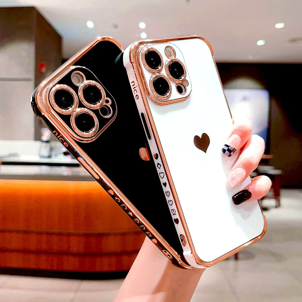 Discount Plating Silicone Soft Case For iPhone 16 15 14 13 12 11 Pro Max XS X XR 8 7 Plus SE 2020 16Pro 15Pro iPhone15 Love Heart Cover sale