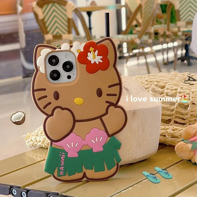 Cute 3D Cartoon Grass Skirts Sanrios Hello Kitty Phone Case for IPhone 16 15 14 13 12 11 Pro Max Silicone Soft Back Y2k Girl