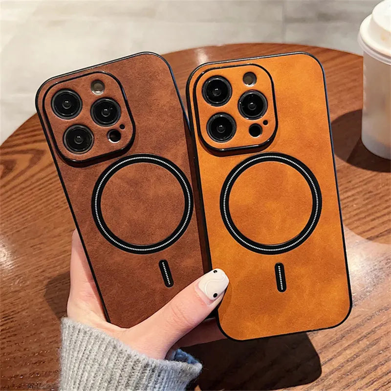 Discount Luxury Wireless Charging Magnetic Cortex Leather Phone Case For iPhone 16 13 12 15 Pro Max 14 Plus 14Pro Shockproof Bumper Cover sale