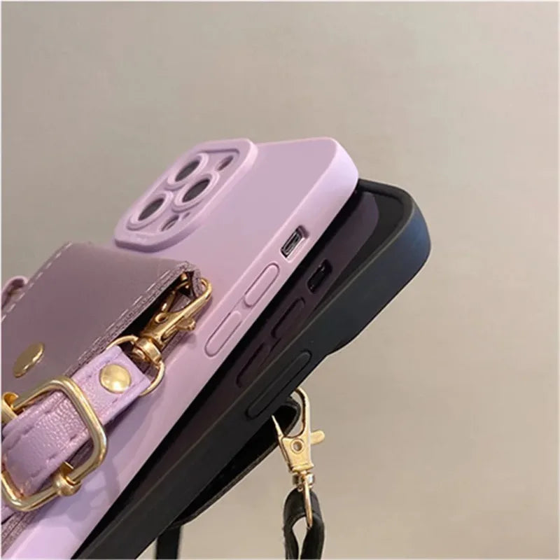 Luxury Wallet Leather Crossbody Neckband Lanyard Phone Case for iPhone 16 14 11 13 15 Pro Max Plus X XS XR SE2 Card Holder Cover