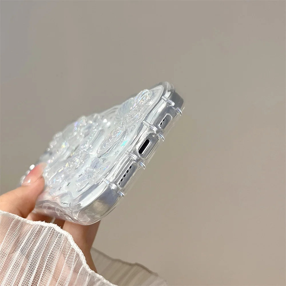 3D Butterfly Crystal Bling Glitter Clear Case For iPhone 15 14 Plus 13 12 11 16 Pro Max  XR XS Max Shining Star Pearl Wave Cover