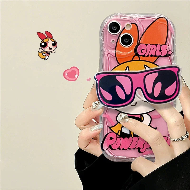 The Powerpuff Girls Glasses Stand Case for iPhone 15 14 11 Pro Max 13 12 Mini XR XS X 8 7 6 6S Plus SE 2020 Soft Silicone Cover