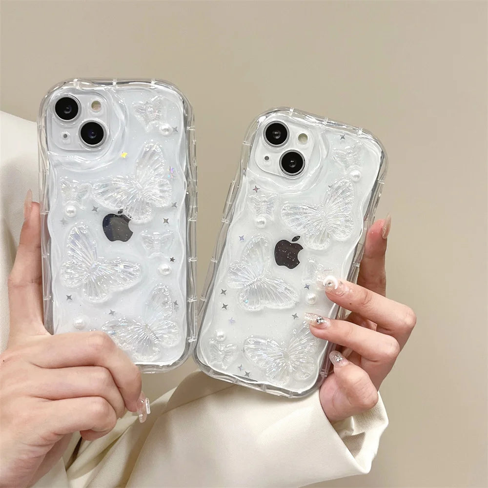 3D Butterfly Crystal Bling Glitter Clear Case For iPhone 15 14 Plus 13 12 11 16 Pro Max  XR XS Max Shining Star Pearl Wave Cover