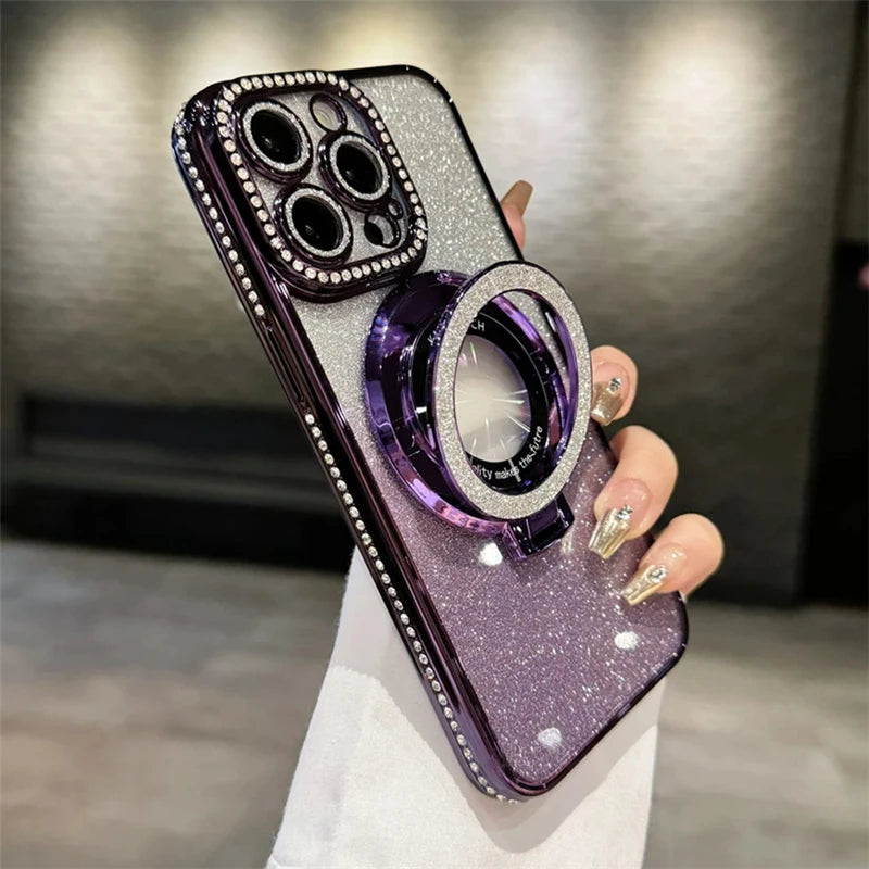 Luxury Plating For Magsafe Magnetic Stand Holder Glitter Diamond Case For iPhone 16 15 11 12 13 14 Pro Max Soft Silicone Cover