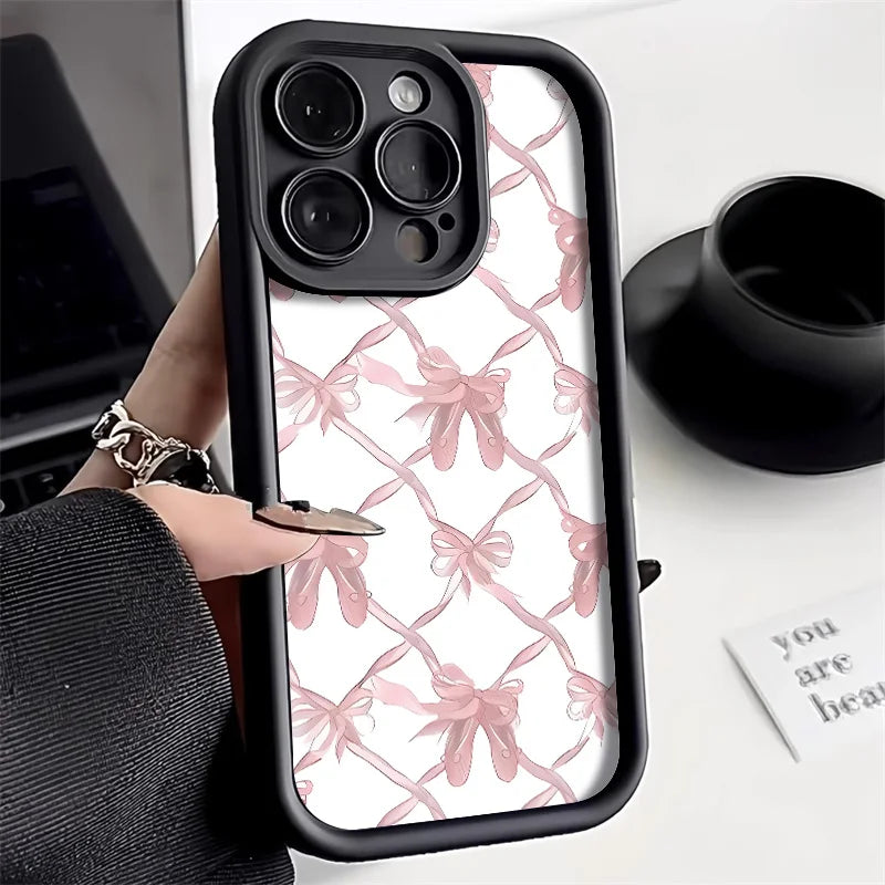 Cute Phone Cover Case For iPhone 15 Case iPhone 11 13 12 14 16 Pro Max XR XS 7 8 Plus SE Shockproof Bumper Cherry Bowknot Cover