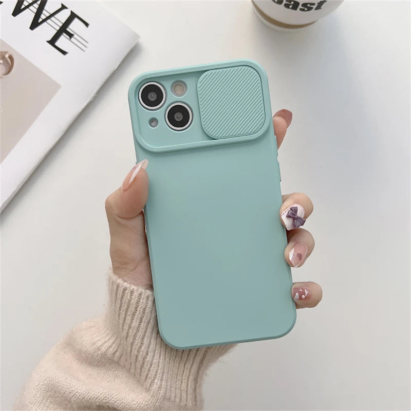 Slide Camera Protection Candy Color Soft Silicone Phone Case For iPhone 16 15 14 13 12 11 Pro XS Max X XR 7 8 Plus Bumper Cover