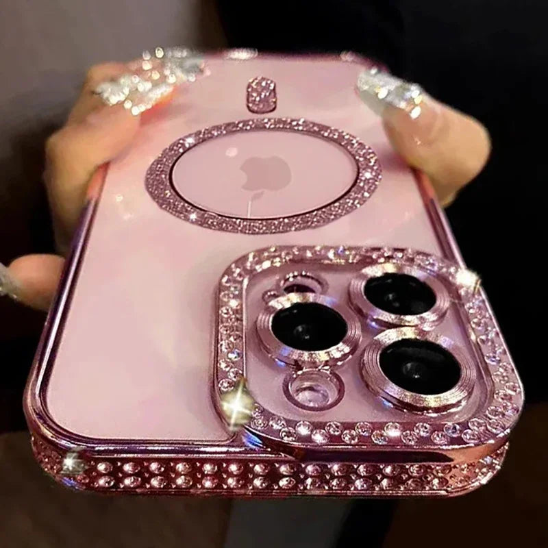 Discount 2024 New Fashion Glitter Diamond Transparent Case For iPhone 16 15 14 Plus 13 12 11 Pro Max Magnetic Wireless Charge Back Cover sale