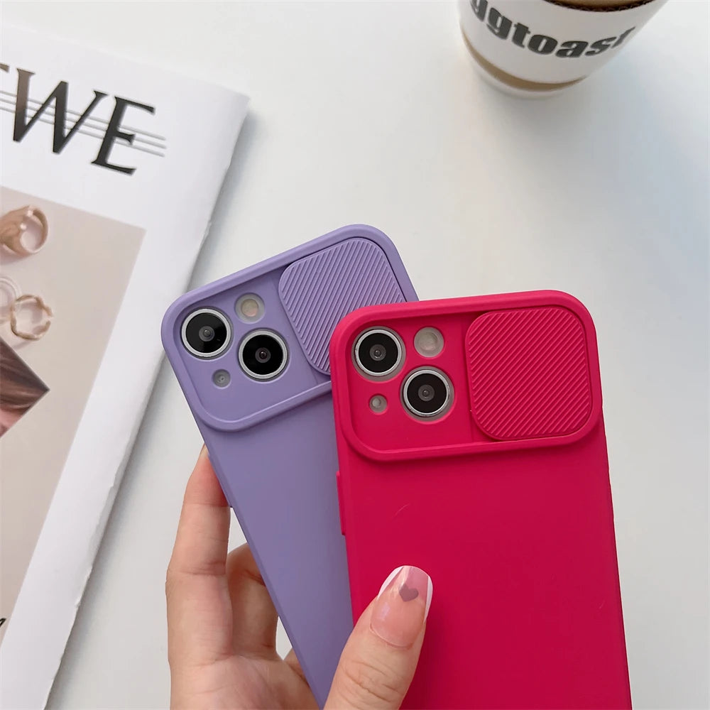 Slide Camera Protection Candy Color Soft Silicone Phone Case For iPhone 16 15 14 13 12 11 Pro XS Max X XR 7 8 Plus Bumper Cover