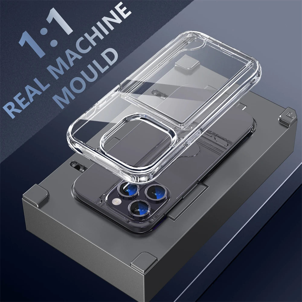 Four Corner Anti Falling Card Slot Bag Transparent Case For iPhone 16 15 Pro Max 14 13 12 11 XR XS 7 8 15 Plus HD Acrylic Cover