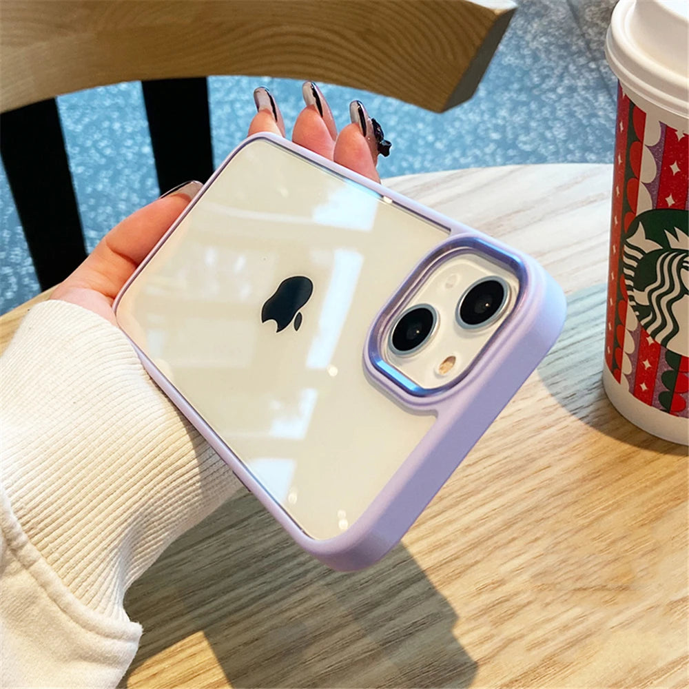 Luxury Clear Shockproof Case For iPhone 16 15 14 13 12 Mini 11 Pro XS Max XR X Plus Soft Bumper Metal Camera Protection Cover