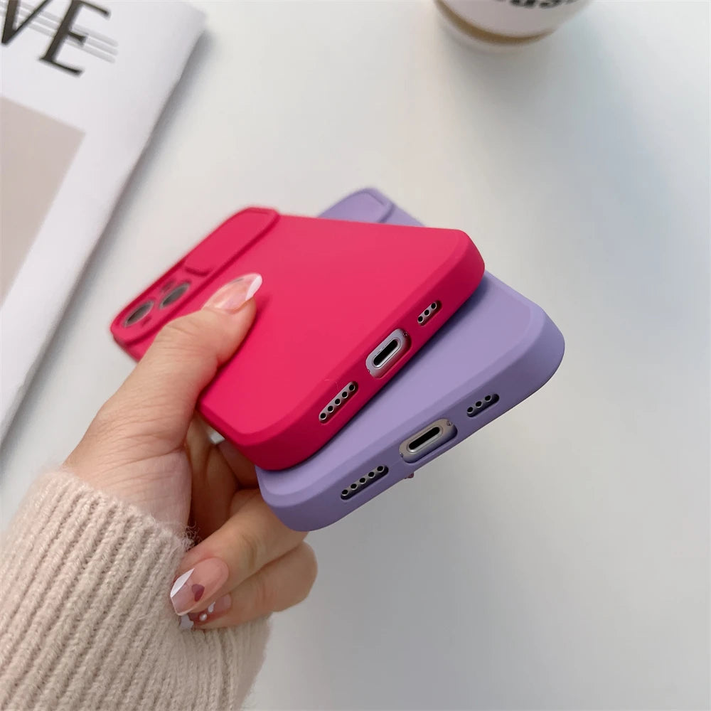 Slide Camera Protection Candy Color Soft Silicone Phone Case For iPhone 16 15 14 13 12 11 Pro XS Max X XR 7 8 Plus Bumper Cover