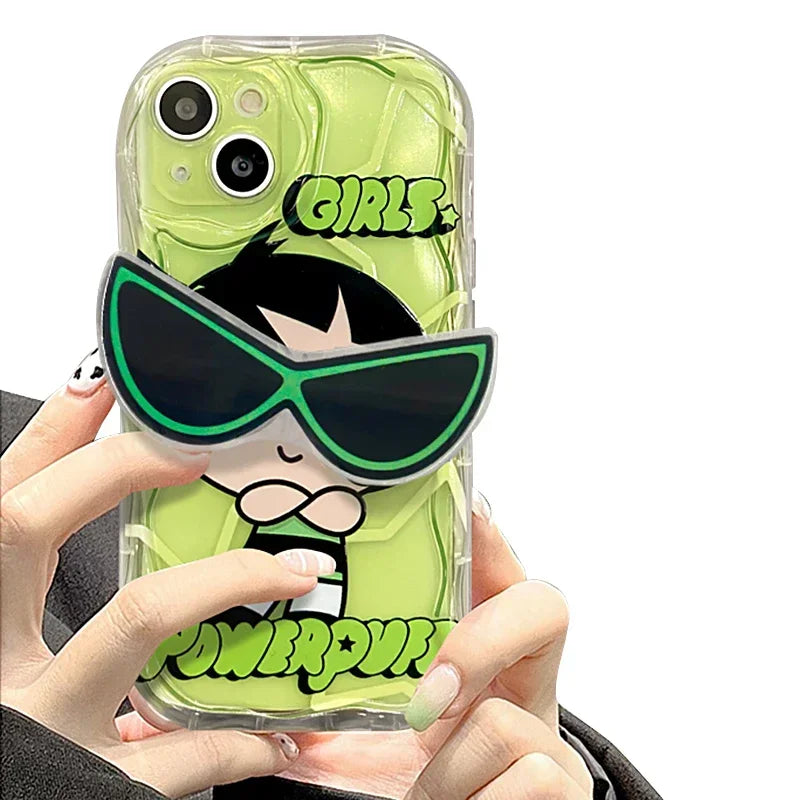 The Powerpuff Girls Glasses Stand Case for iPhone 15 14 11 Pro Max 13 12 Mini XR XS X 8 7 6 6S Plus SE 2020 Soft Silicone Cover