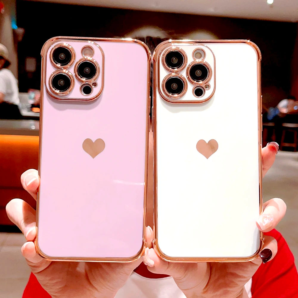 Plating Silicone Soft Case For iPhone 16 15 14 13 12 11 Pro Max XS X XR 8 7 Plus SE 2020 16Pro 15Pro iPhone15 Love Heart Cover